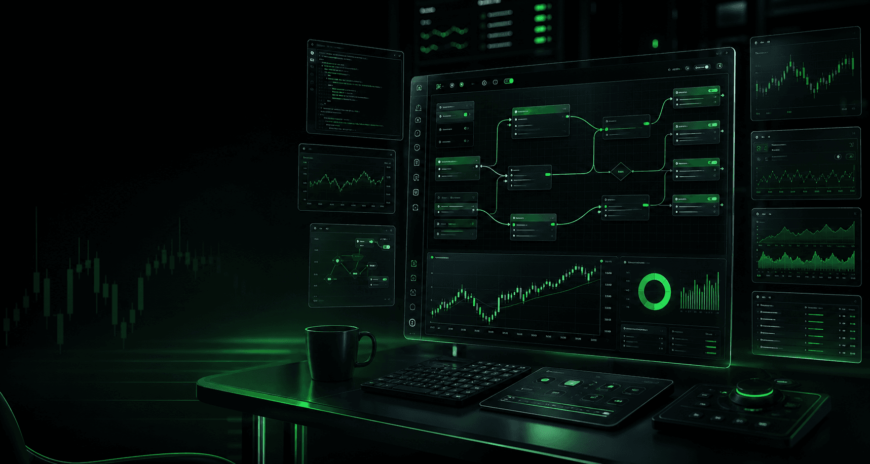 Interface escura de automacao de trading com graficos e fluxos conectados